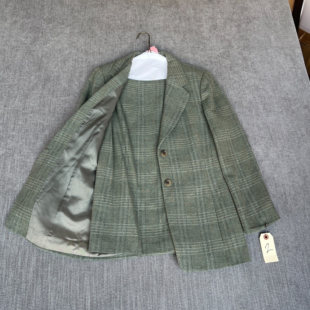 Vtg Linda Allard Ellen Tracy Two-Piece Blazer & Skirt Set Womens 2 Green Plaid - Picture 1 of 15